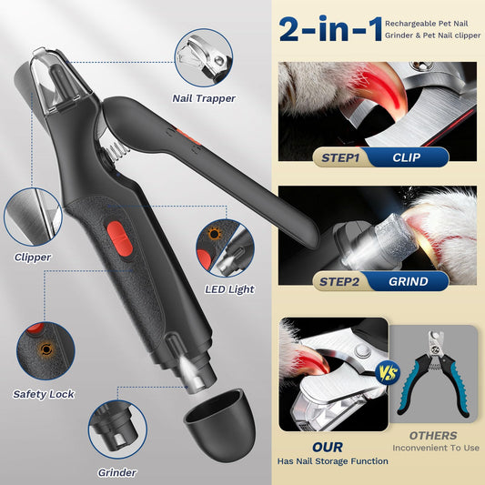 2-in-1 Dog & Cat Nail Clippers – USB Rechargeable with Safety Guard