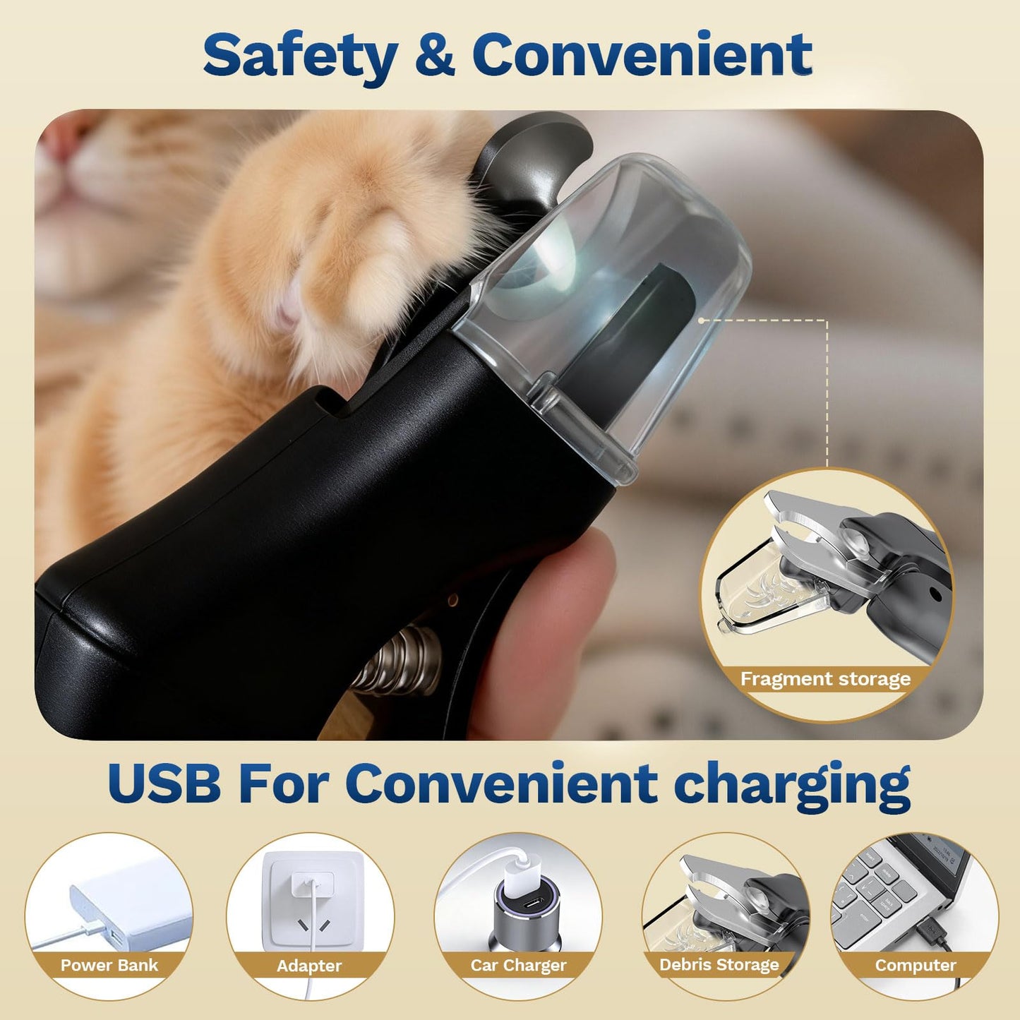 2-in-1 Dog & Cat Nail Clippers – USB Rechargeable with Safety Guard